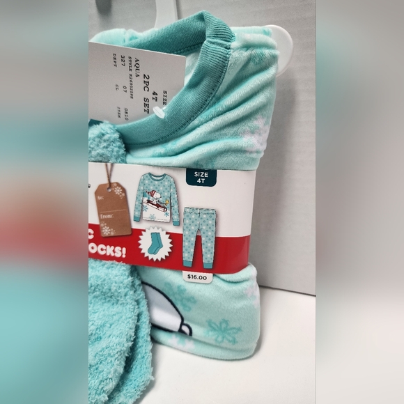 4T Toddler 2pc Snoopy Snuggly Soft Pajama Set Socks Aqua Blue Top Pants New - Picture 2 of 12